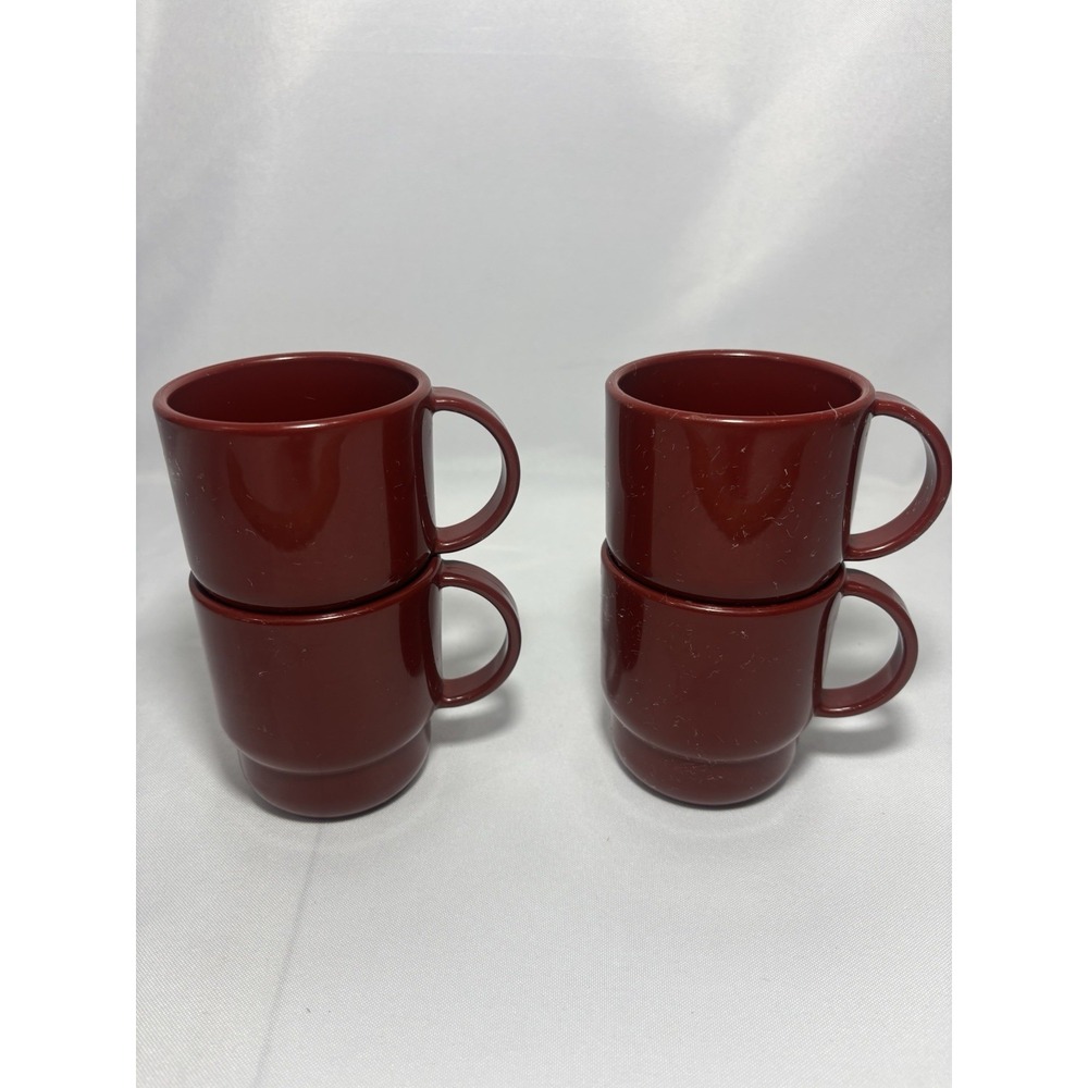 Tupperware Set of 4 Vintage‎ Stackable Coffee Cups Mugs Maroon 3 1/2" Tall
